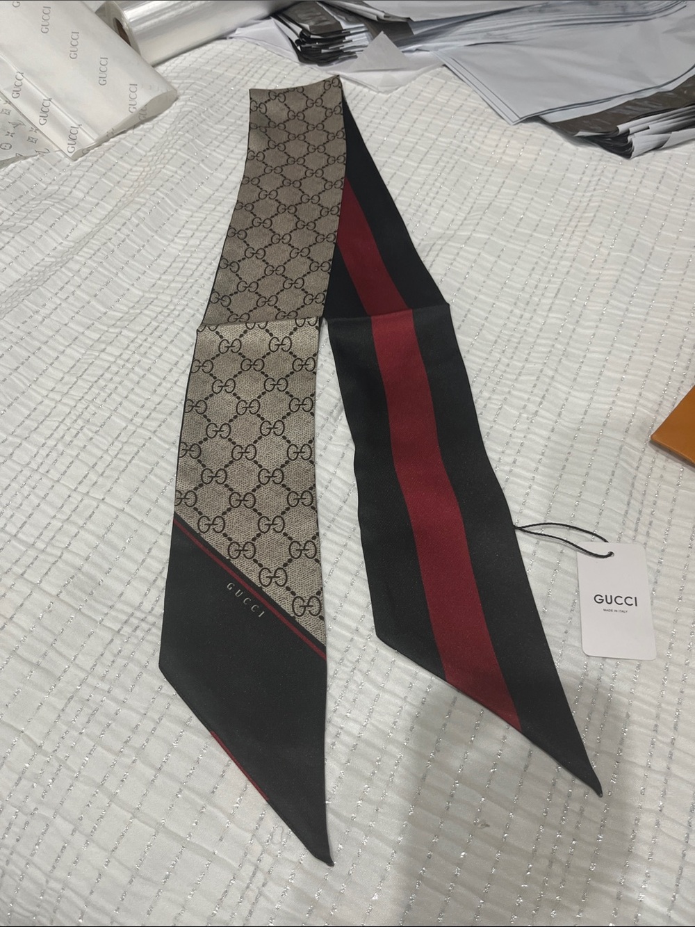 Gucci Silk Twill Beige GG & Black with Red Stripe Twilly
